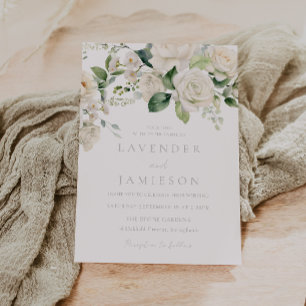 White Roses & Sage Leaf Wedding  Invitation
