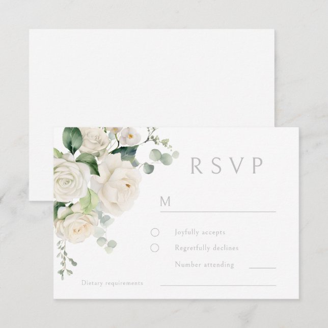 White Roses & Sage Leaf Wedding RSVP Card (Front/Back)