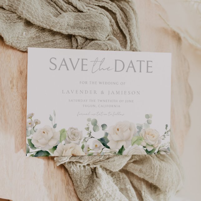 White Roses & Sage Leaf Wedding Save The Date (Creator Uploaded)