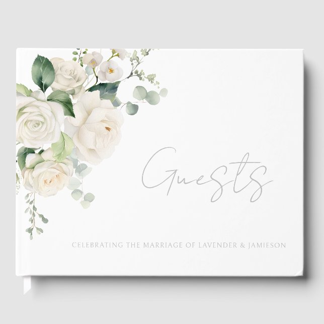 White Roses & Sage Leaf Wedding Stationary Guest Book (Front)