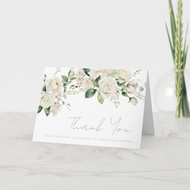 White Roses & Sage Leaf Wedding  Thank You Card (Front)
