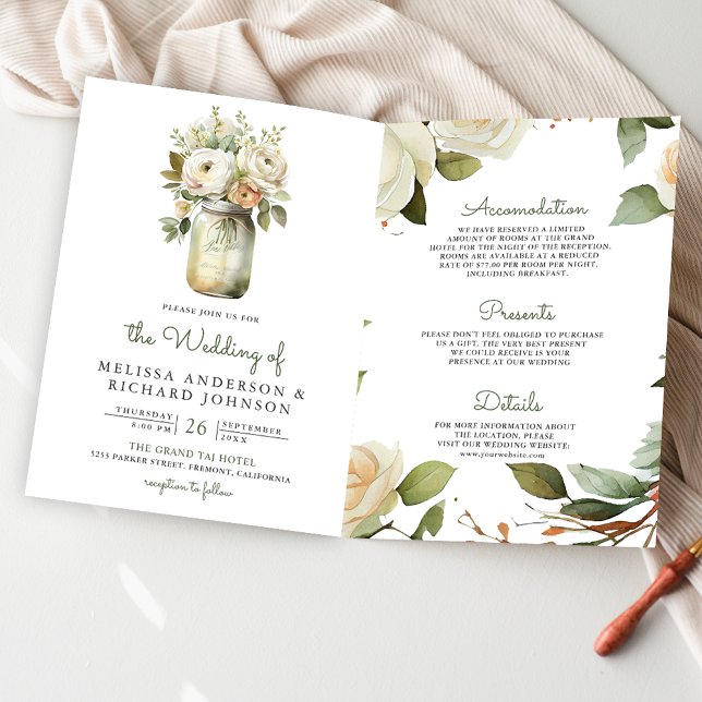 White Roses Sage Leaves Mason Jar QR Code Wedding Invitation (Creator Uploaded)