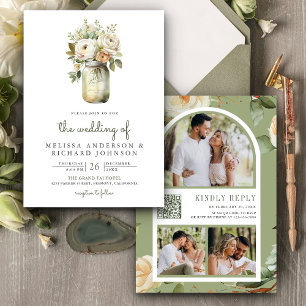 White Roses Sage Leaves Mason Jar QR Code Wedding Invitation
