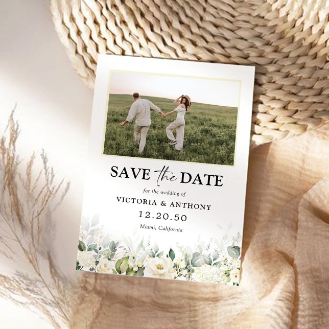 White Roses Save The Date with Photo Flat Card (Creator Uploaded)