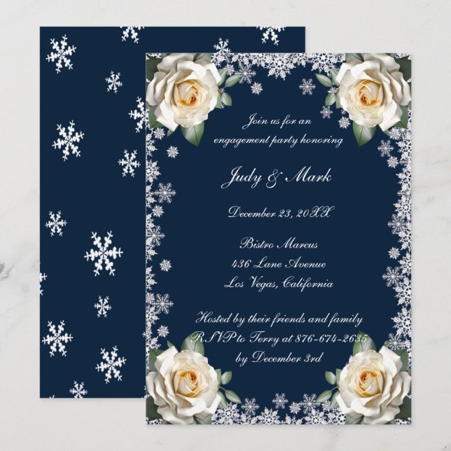White Roses Snowflake Christmas Engagement Party Invitation (Front/Back)