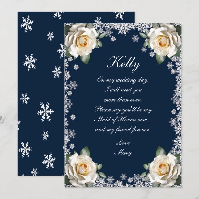 White Roses Snowflake Christmas Maid Of Honour Invitation (Front/Back)