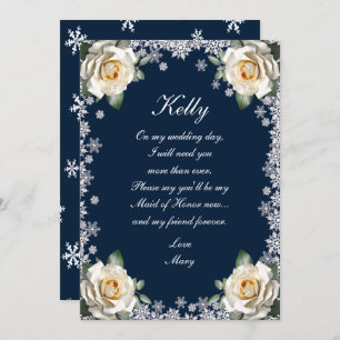 White Roses Snowflake Christmas Maid Of Honour Invitation