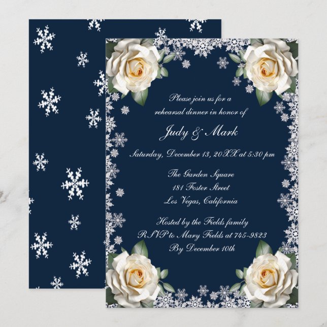 White Roses Snowflake Christmas Rehearsal Dinner Invitation (Front/Back)