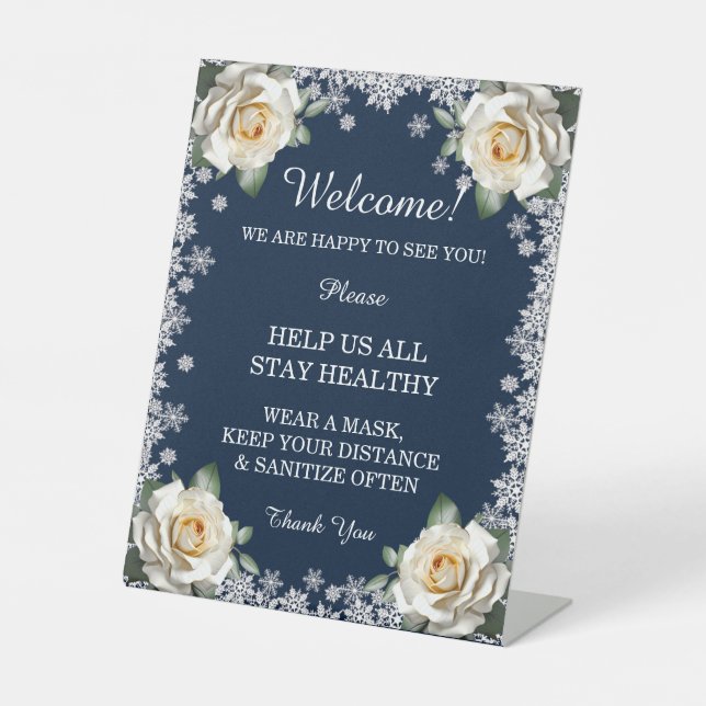 White Roses Snowflake Christmas Safety Measures Pedestal Sign (Front)