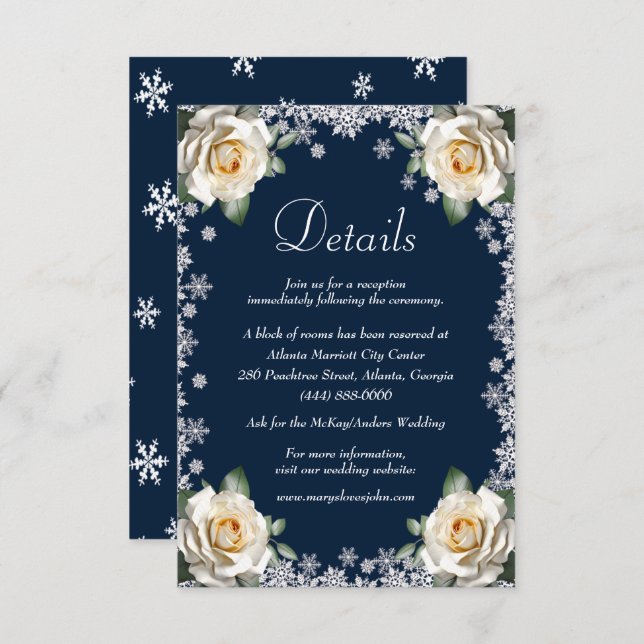 White Roses Snowflake Christmas Wedding Details Enclosure Card (Front/Back)