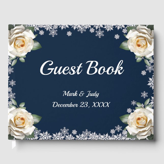 White Roses Snowflake Christmas Wedding Guest Book (Front)