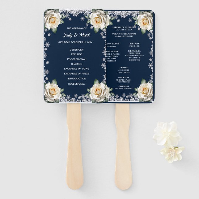 White Roses Snowflake Christmas Wedding Hand Fan (Front and Back)