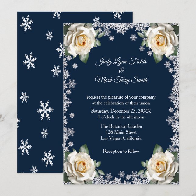 White Roses Snowflake Christmas Wedding Invitation (Front/Back)