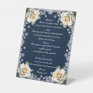 White Roses Snowflake Christmas Wedding Menu Pedestal Sign