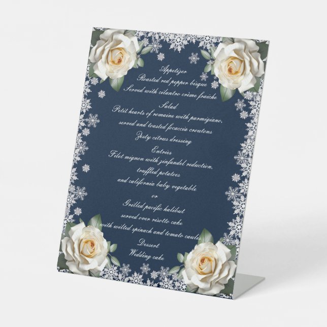 White Roses Snowflake Christmas Wedding Menu Pedestal Sign (Front)