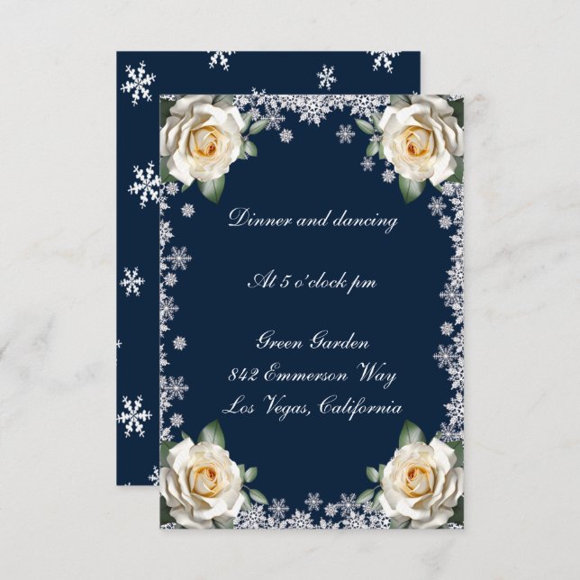 White Roses Snowflake Christmas Wedding Reception  Invitation (Front/Back)