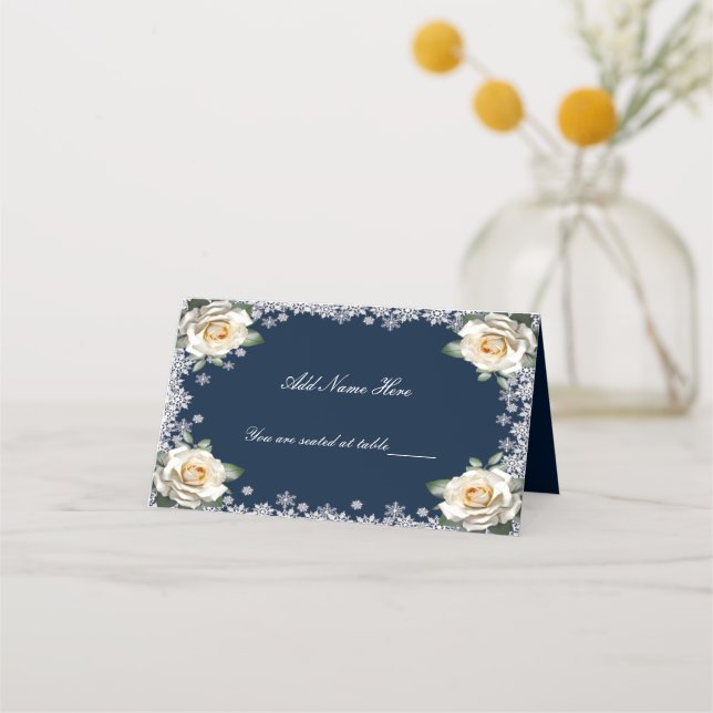 White Roses Snowflake Christmas Wedding Table Place Card (Front)