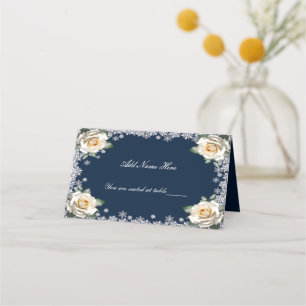 White Roses Snowflake Christmas Wedding Table Place Card