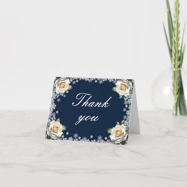 White Roses Snowflake Christmas Wedding Thank You Card (Front)