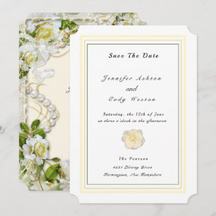White Roses Sparkle Pearls Personalise Wedding Save The Date