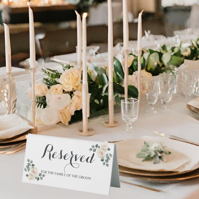 White roses Spring Floral Romantic Wedding (Angled view soft botanical romantic timeless gold white foliage elegant wedding reserved table sign)