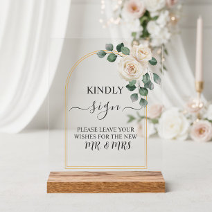 White roses Spring Floral Romantic Wedding Acrylic Sign