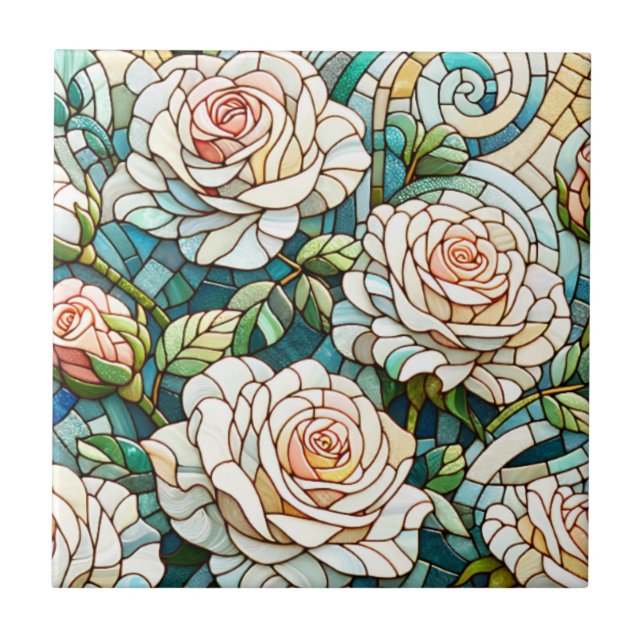 White Roses Stained Glass Mosaic Tile (Front)