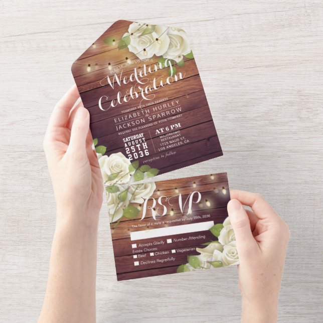 White Roses String Lights Rustic Wood Wedding RSVP All In One Invitation (Tearaway)