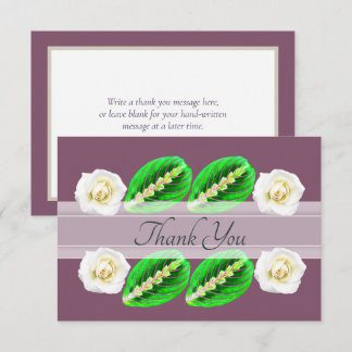 White Roses, Variegated Leaves Botanical Thank You Card