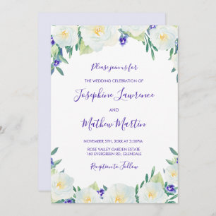 White Roses & Violets Floral Wedding Invitations