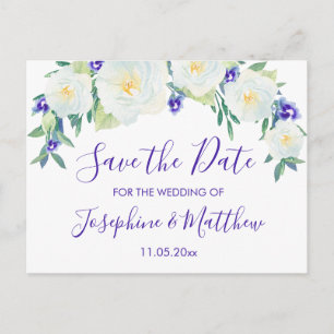 White Roses & Violets Save the Date Announcement Postcard