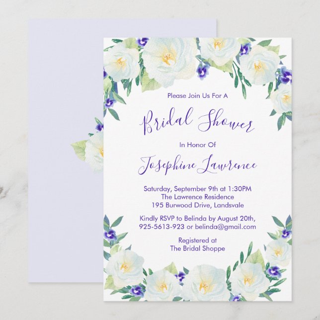White Roses & Violets Watercolor Bridal Shower Invitation (Front/Back)