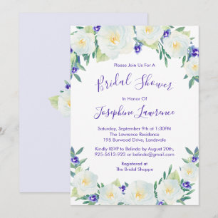 White Roses & Violets Watercolor Bridal Shower Invitation