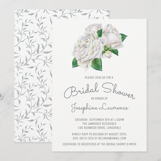 White Roses Watercolor Bridal Shower Invitations (Front/Back)