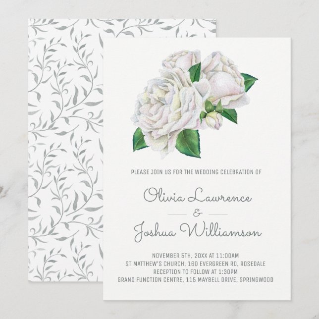 White Roses Watercolor Wedding Invitations (Front/Back)