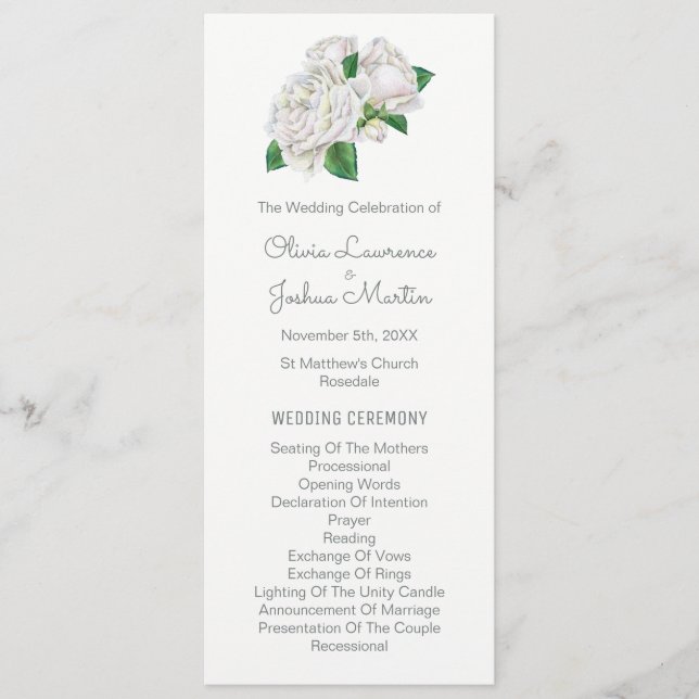 White Roses Watercolor Wedding Programs Programme (Front)