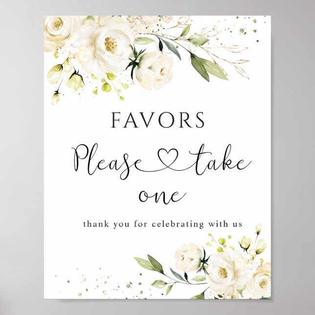 White Roses Wedding Favours Sign, Please Take One Poster (Front)