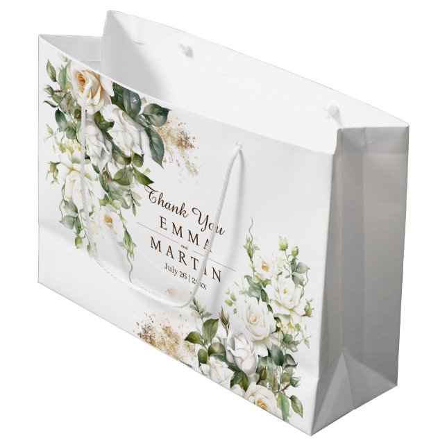 White Roses Wedding Flowers Gifts Large Gift Bag (Front Angled)