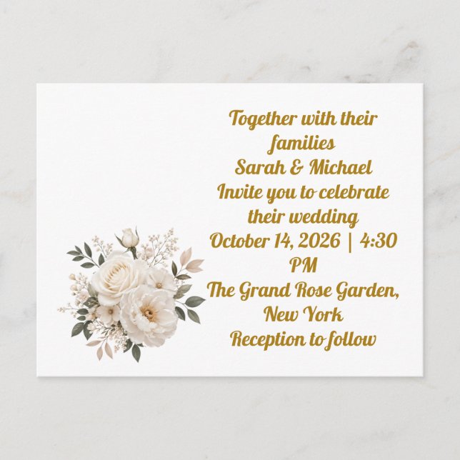 White Roses Wedding Invitation Postcard Custom Bud (Front)
