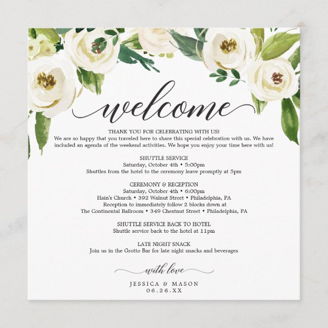 White Roses Wedding Itinerary - Wedding Welcome Programme (Front)