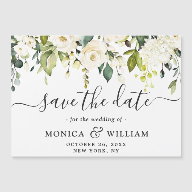 White Roses Wedding Save the Date Magnetic Card (Front)