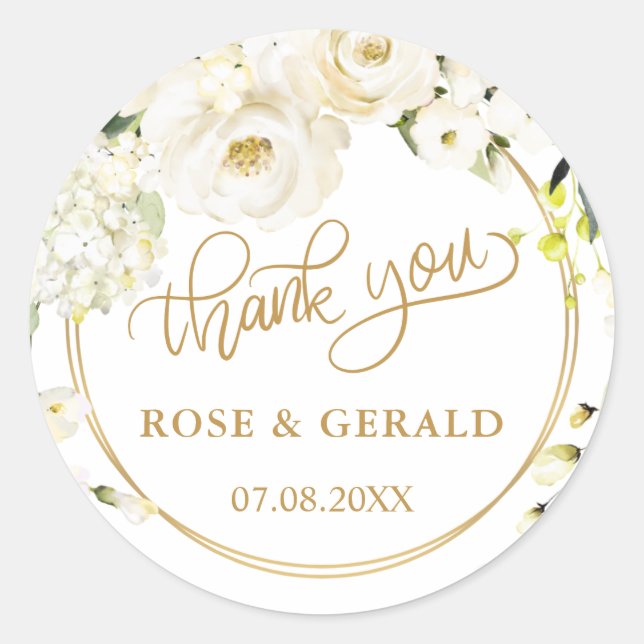 White Roses Wedding Thank You Classic Round Sticke Classic Round Sticker (Front)