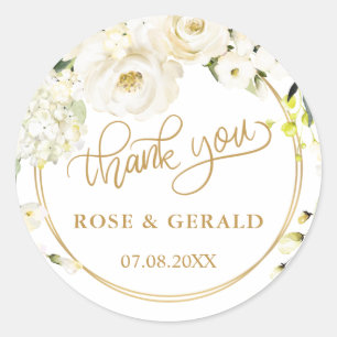 White Roses Wedding Thank You Classic Round Sticke Sticker