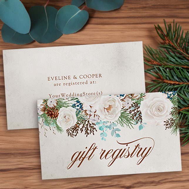 White Roses Winter Wedding Gift Registry Enclosure Card (Winter Wedding enclosure card for gift registry with elegant calligraphy, white roses and pine)