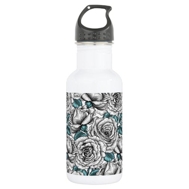White roses with blue leaves 532 ml water bottle (Front)