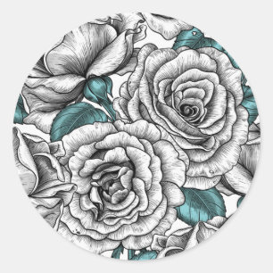 White roses with blue leaves classic round sticker
