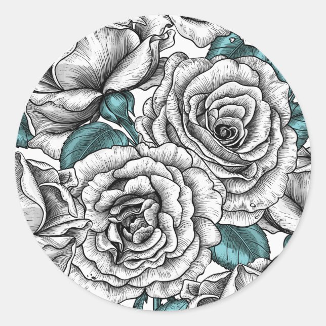 White roses with blue leaves classic round sticker (Front)