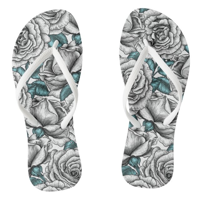 White roses with blue leaves flip flops (Footbed)