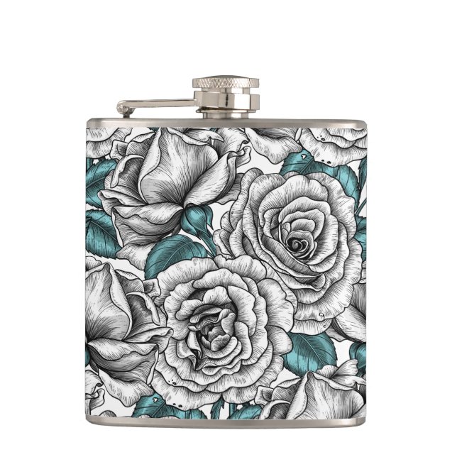 White roses with blue leaves hip flask (Front)