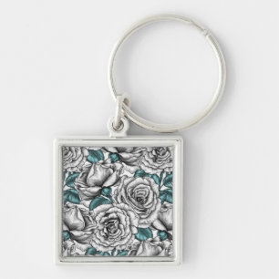 White roses with blue leaves key ring